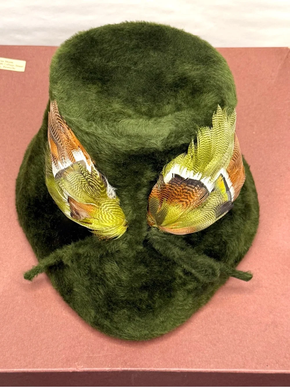 Vintage 1960s Italy Fur Felt Bucket Hat Pheasant Feather Green Cain Sloan Boxed
